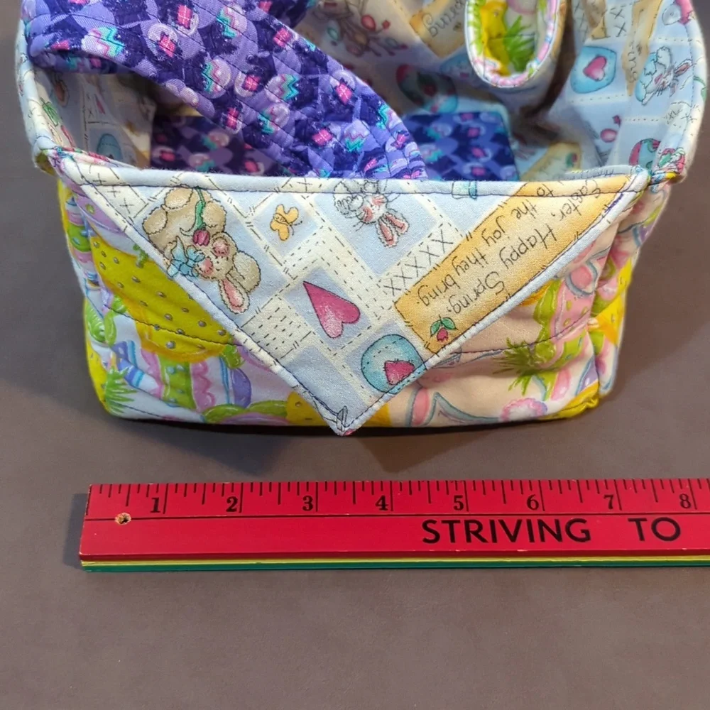 Spring Basket Fabric Handled Handmade Theme of Bunnies Hearts Color Eggs